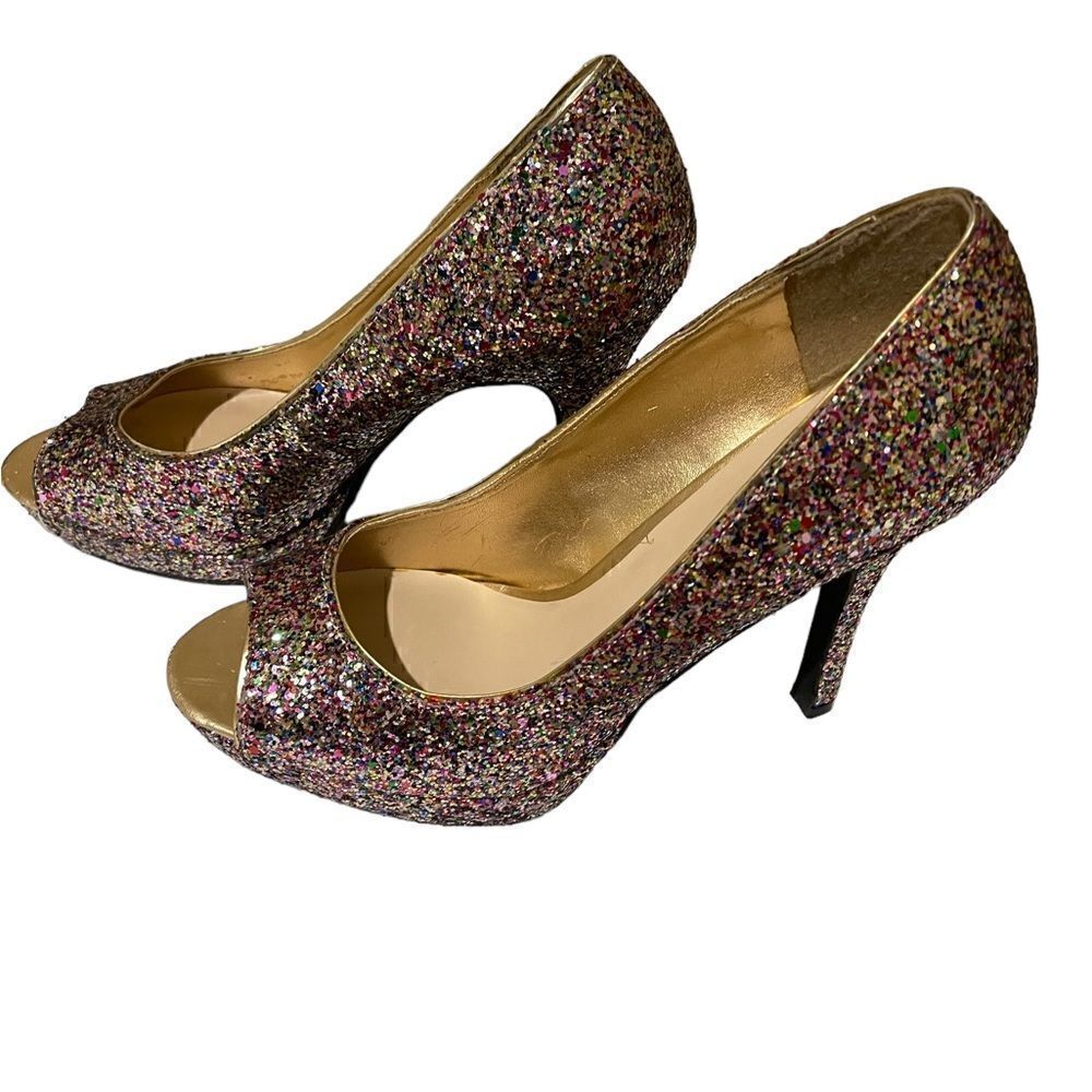 Womens 8.5M Candie's Glitter Open-Toe 4.5" Holiday Party Dance Heels Pumps Shoes - Picture 2 of 5